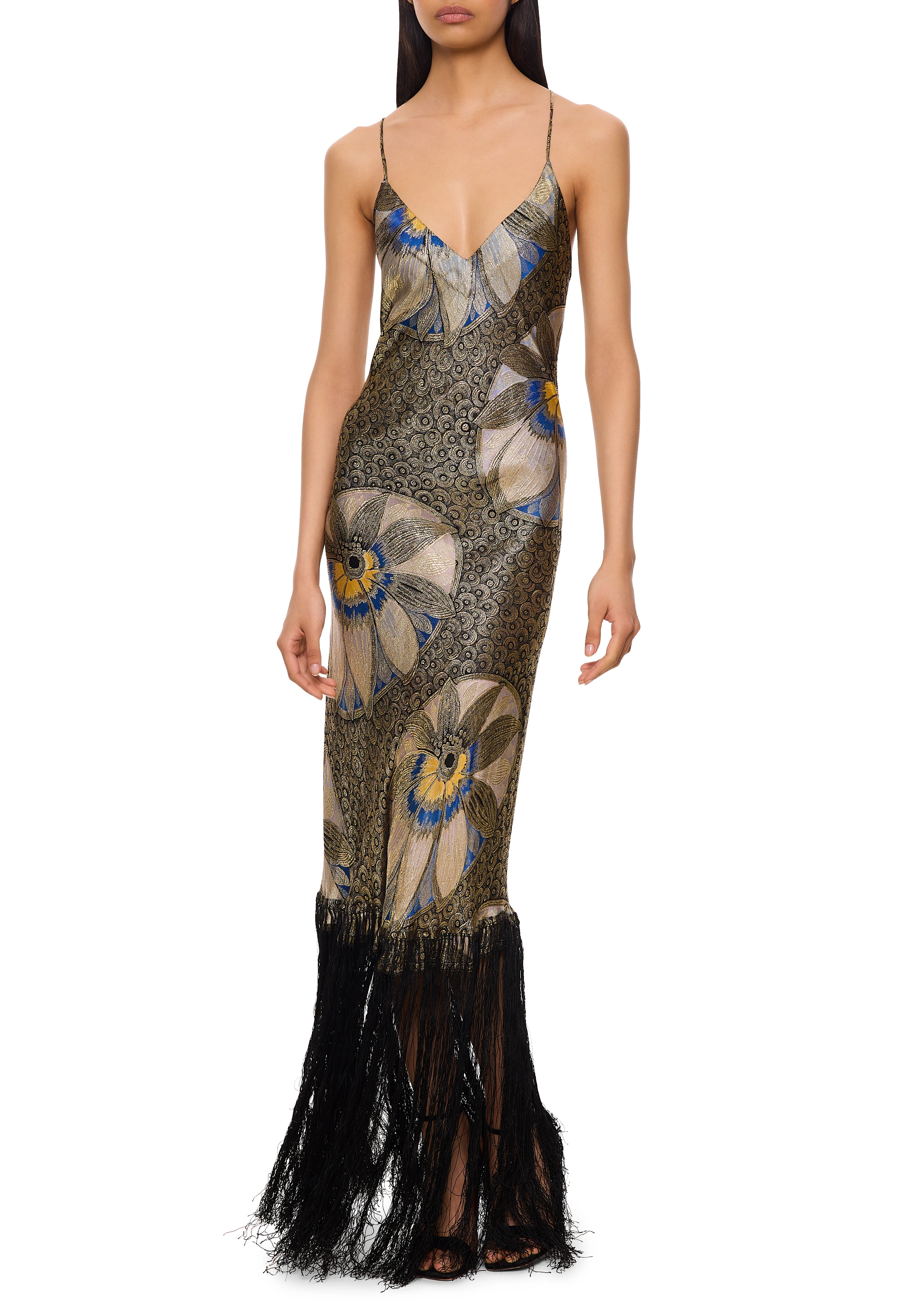 1920s Blue Floral Lamé Gown