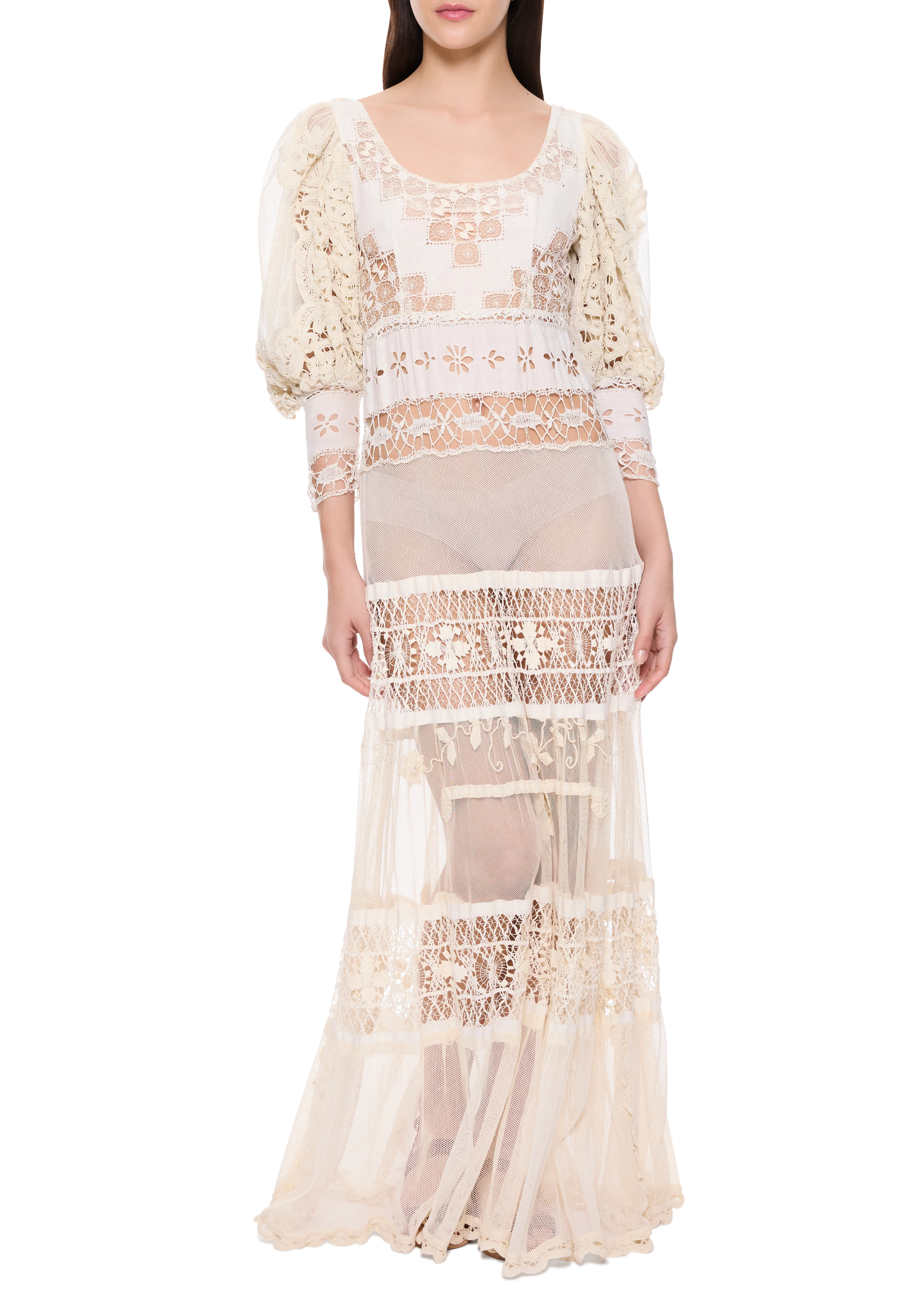 1920s Ivory Handmade Lace Gown with Puffball Sleeves