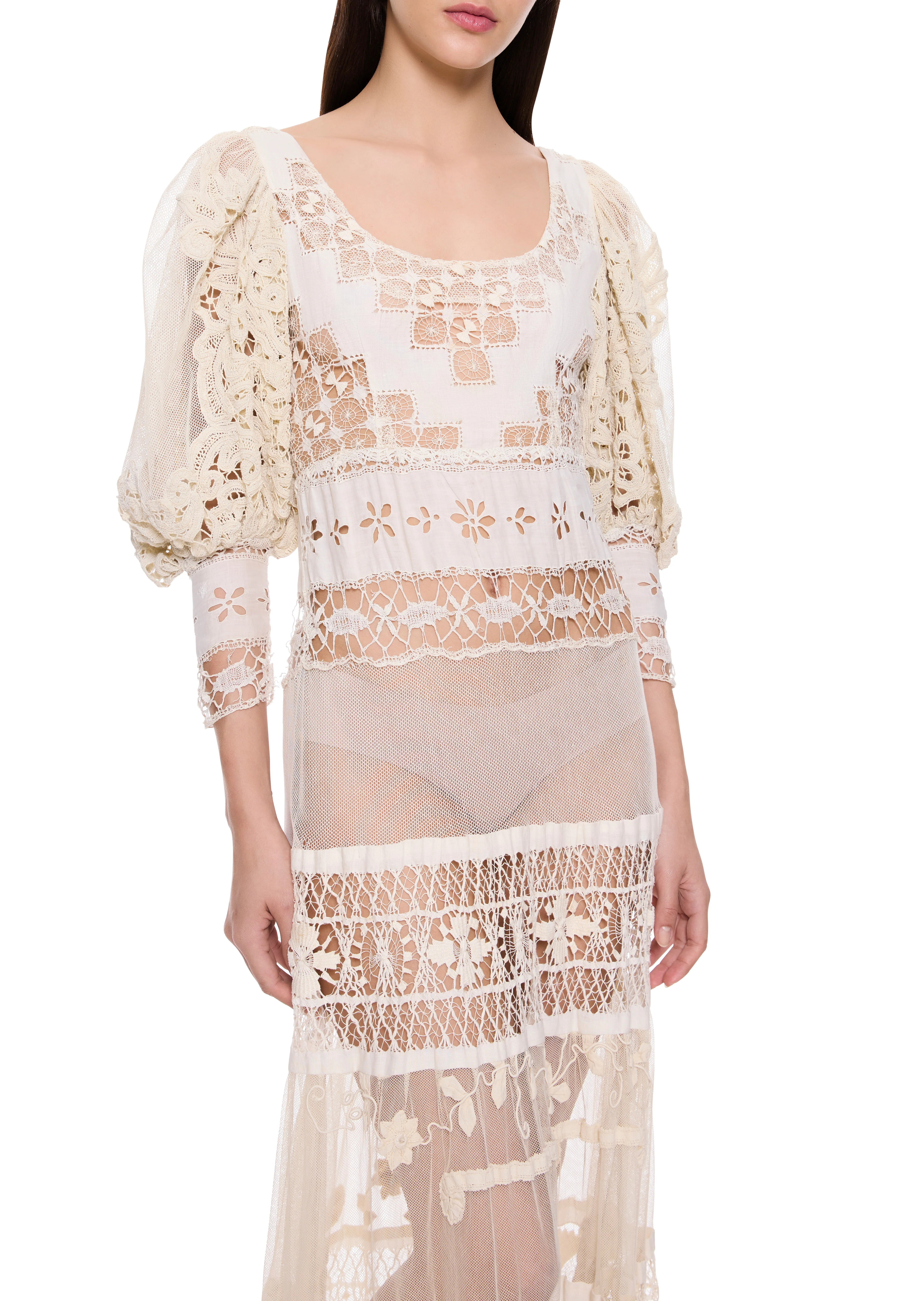 1920s Ivory Handmade Lace Gown with Puffball Sleeves - Image 5