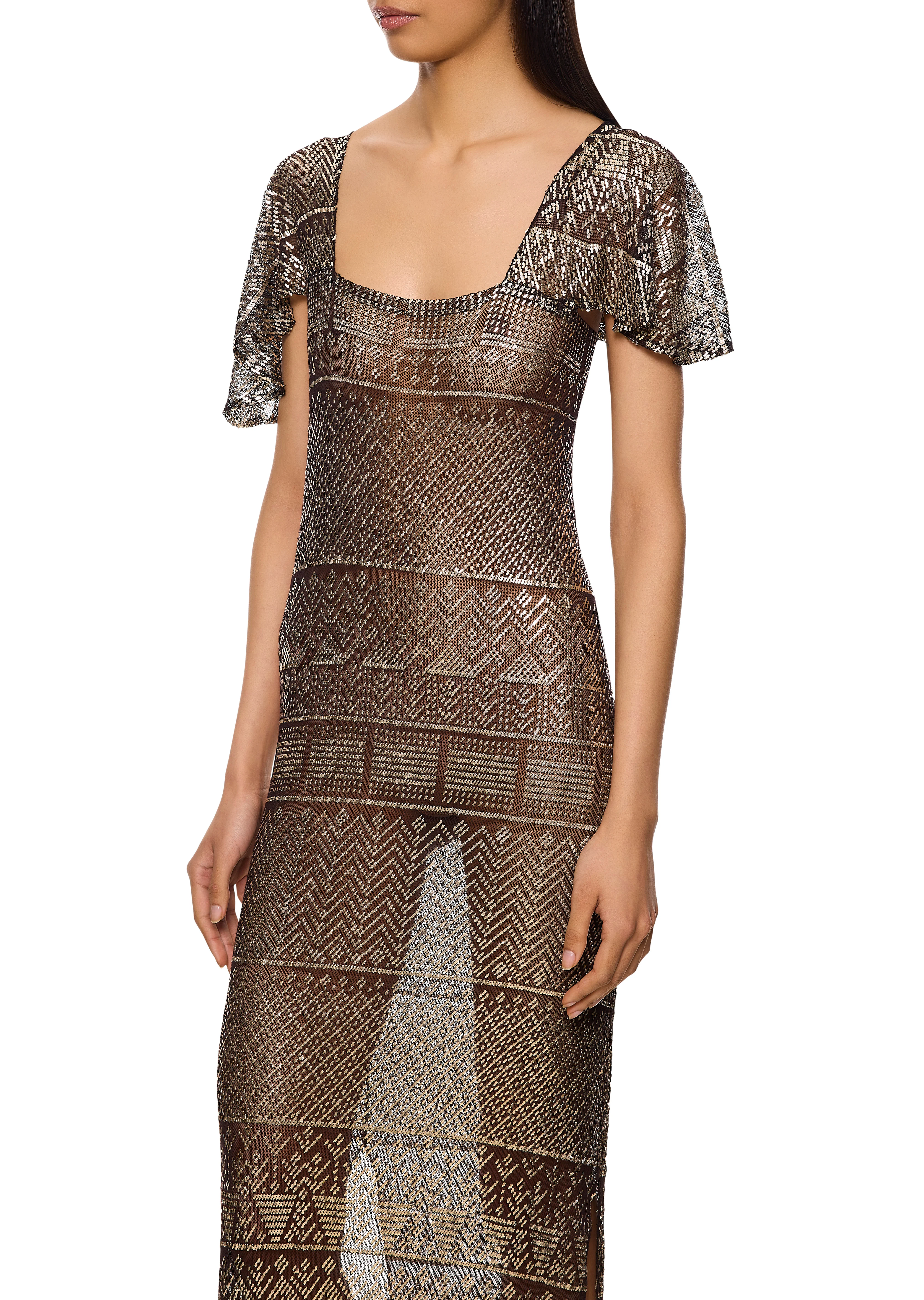 1920s Silver Egyptian Gown with Caped Sleeves - Image 2