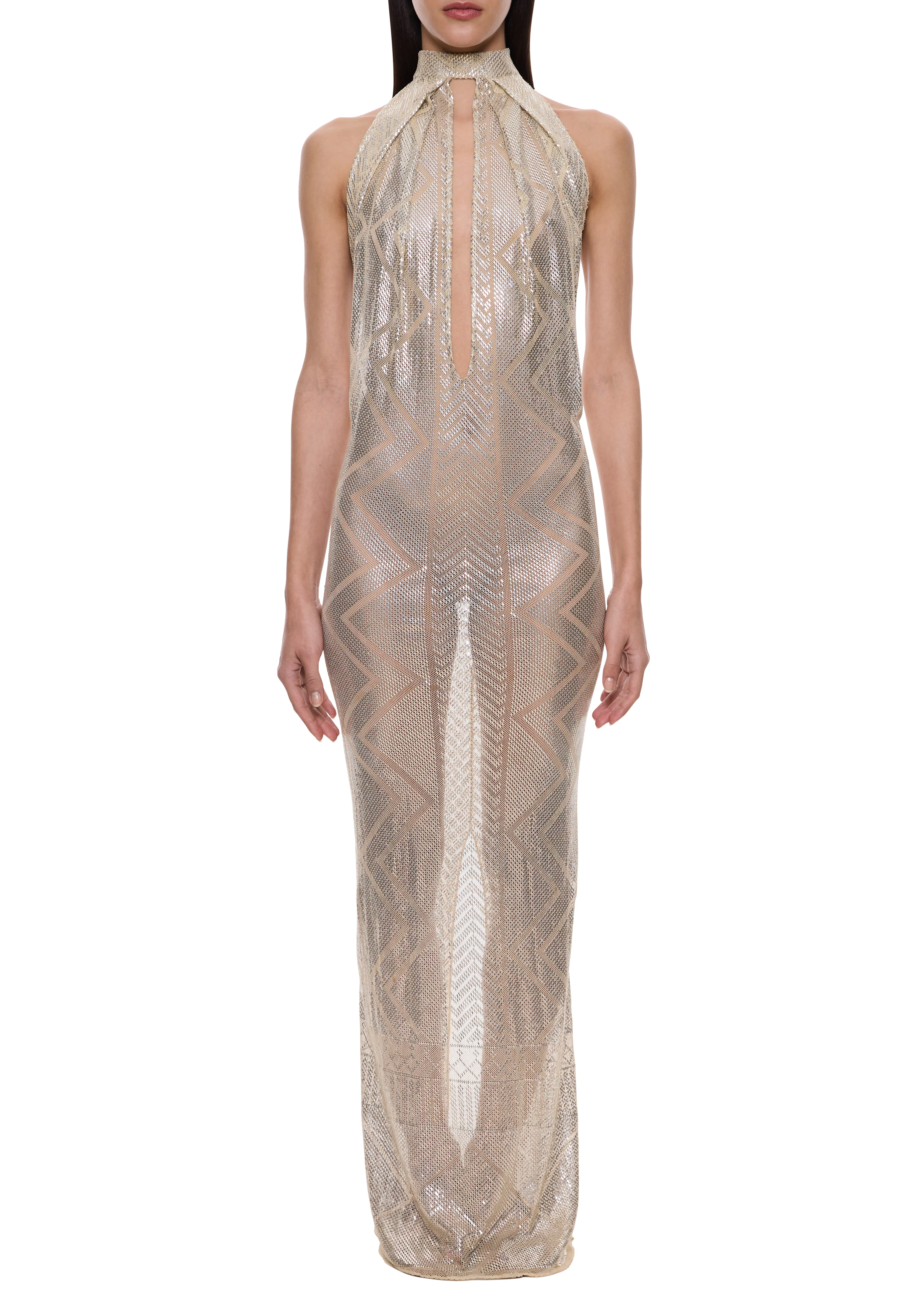 1920s White Geometric Egyptian Gown