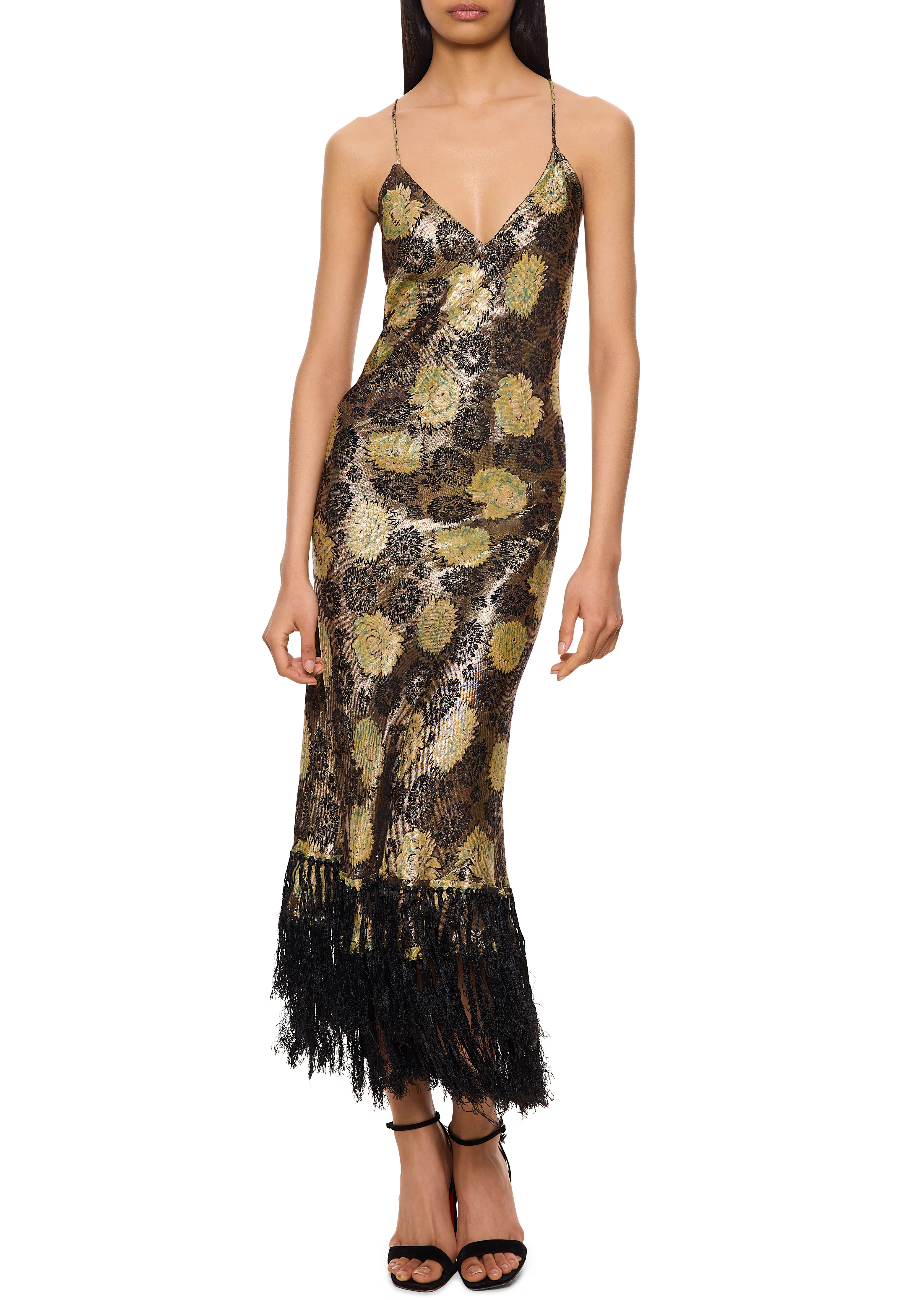 1930s Black and Light Green Lamé Midi Dress