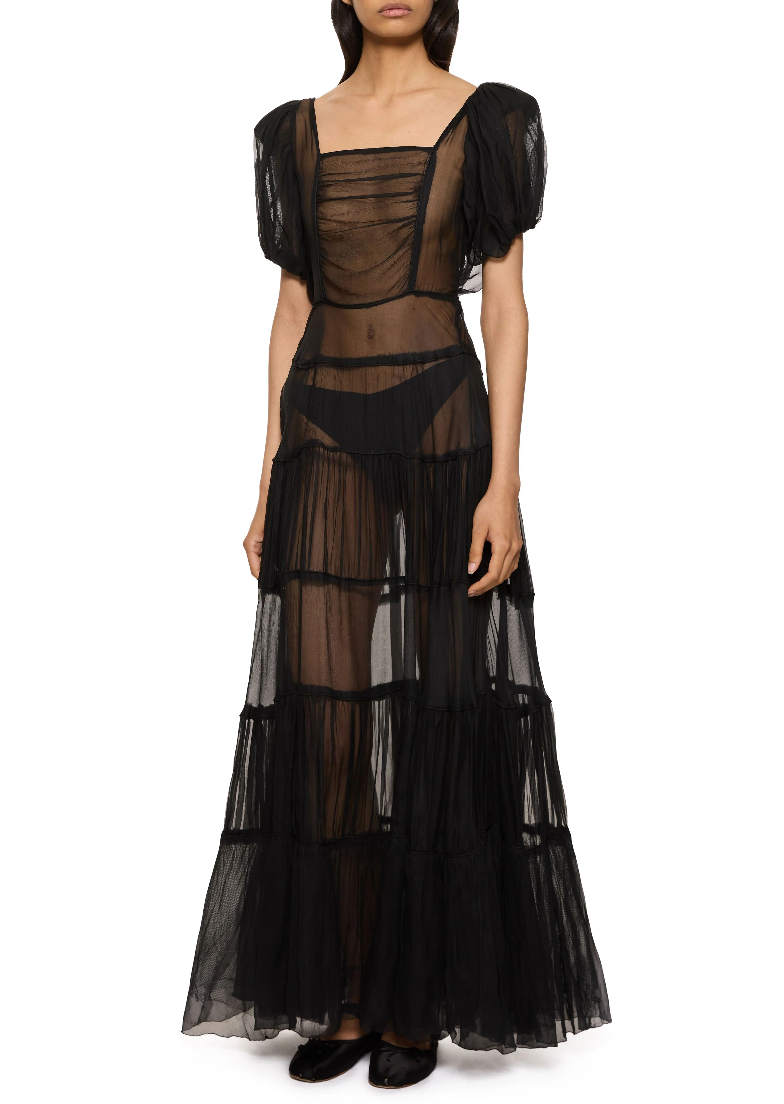 1930s Black Sheer Silk Tiered Gown with Voluminous Sleeves - Image 2