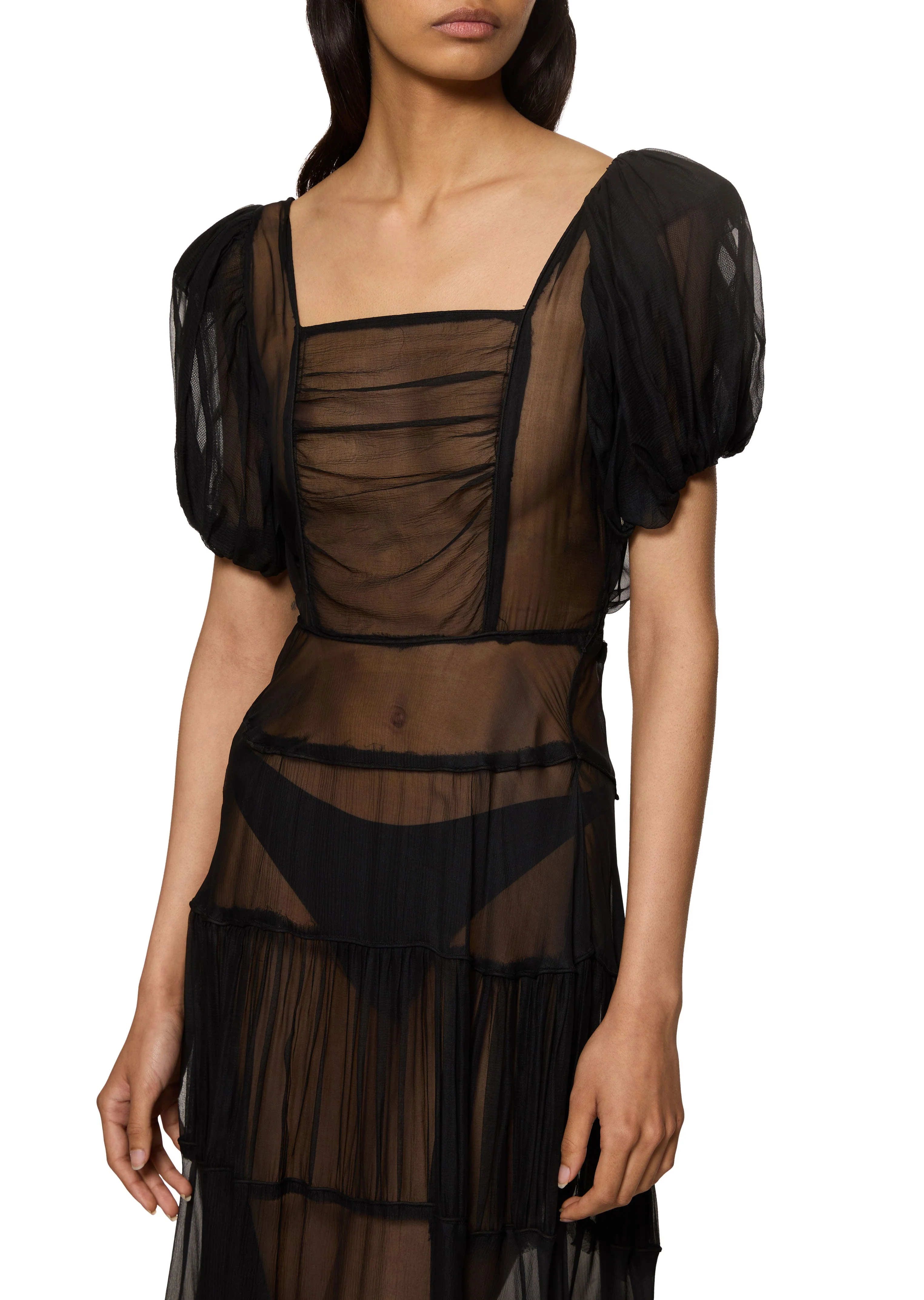 1930s Black Sheer Silk Tiered Gown with Voluminous Sleeves - Image 3