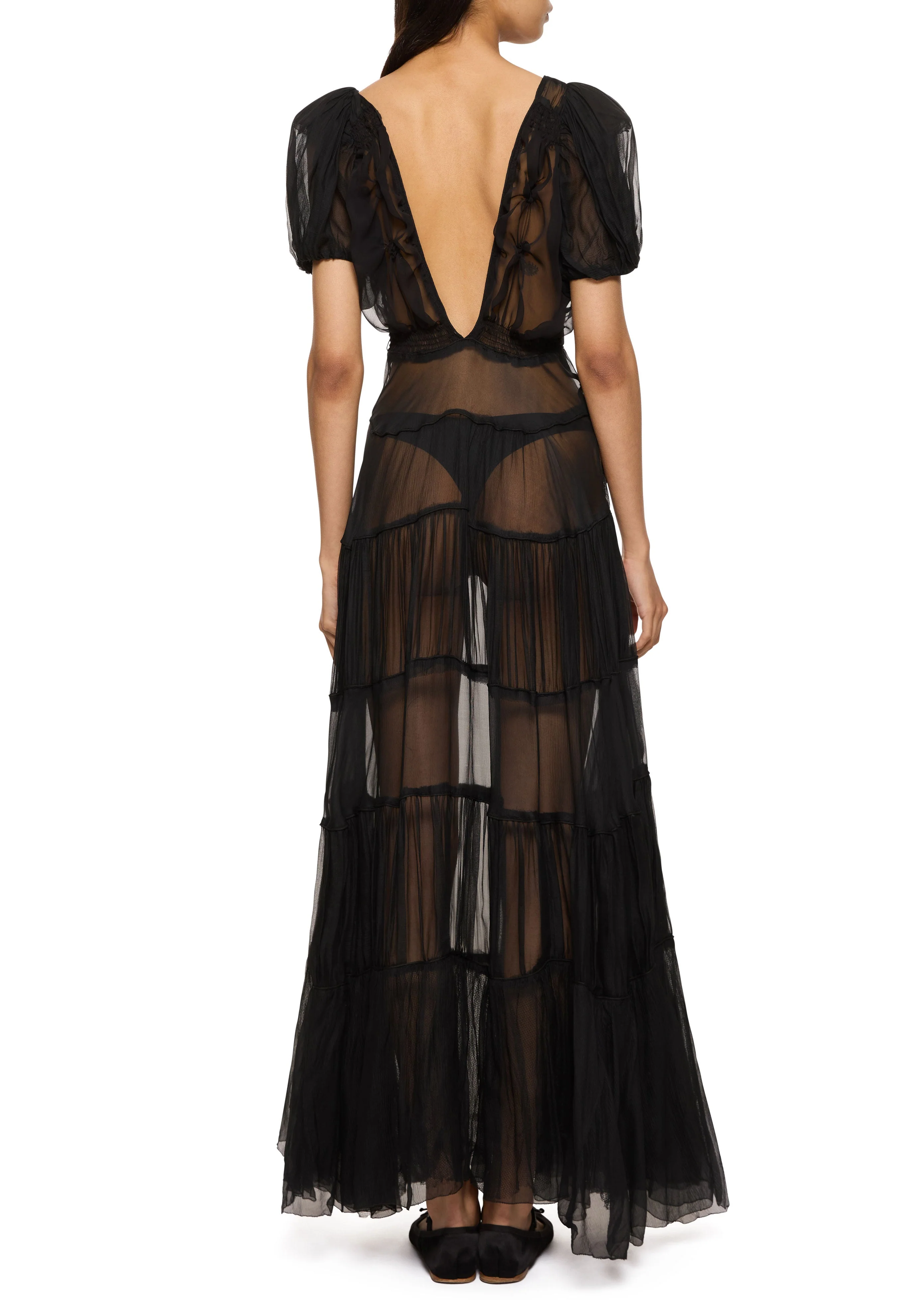 1930s Black Sheer Silk Tiered Gown with Voluminous Sleeves - Image 4