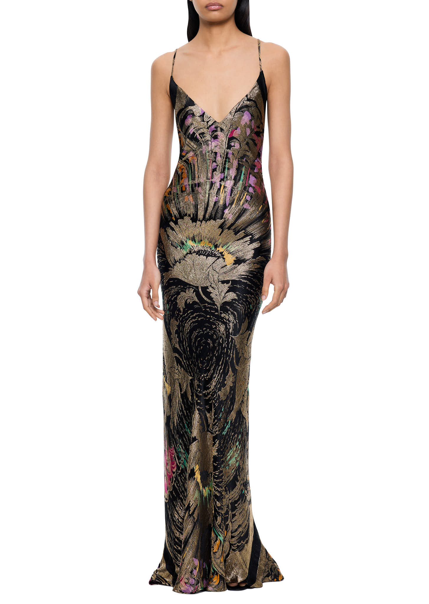 1930s Feather Burst Printed Lamé Gown