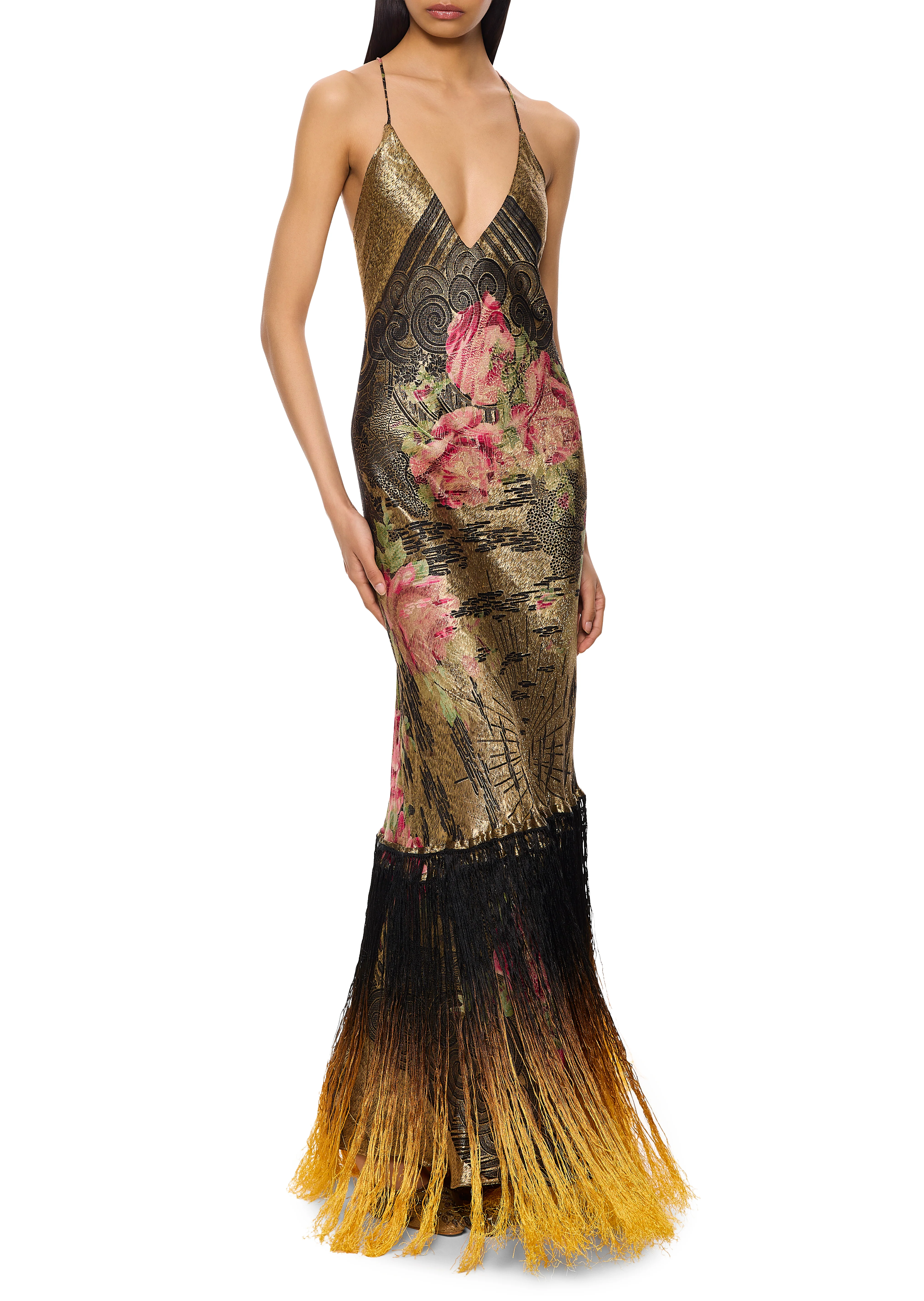 1930s Gold and Pink Floral Lamé Gown