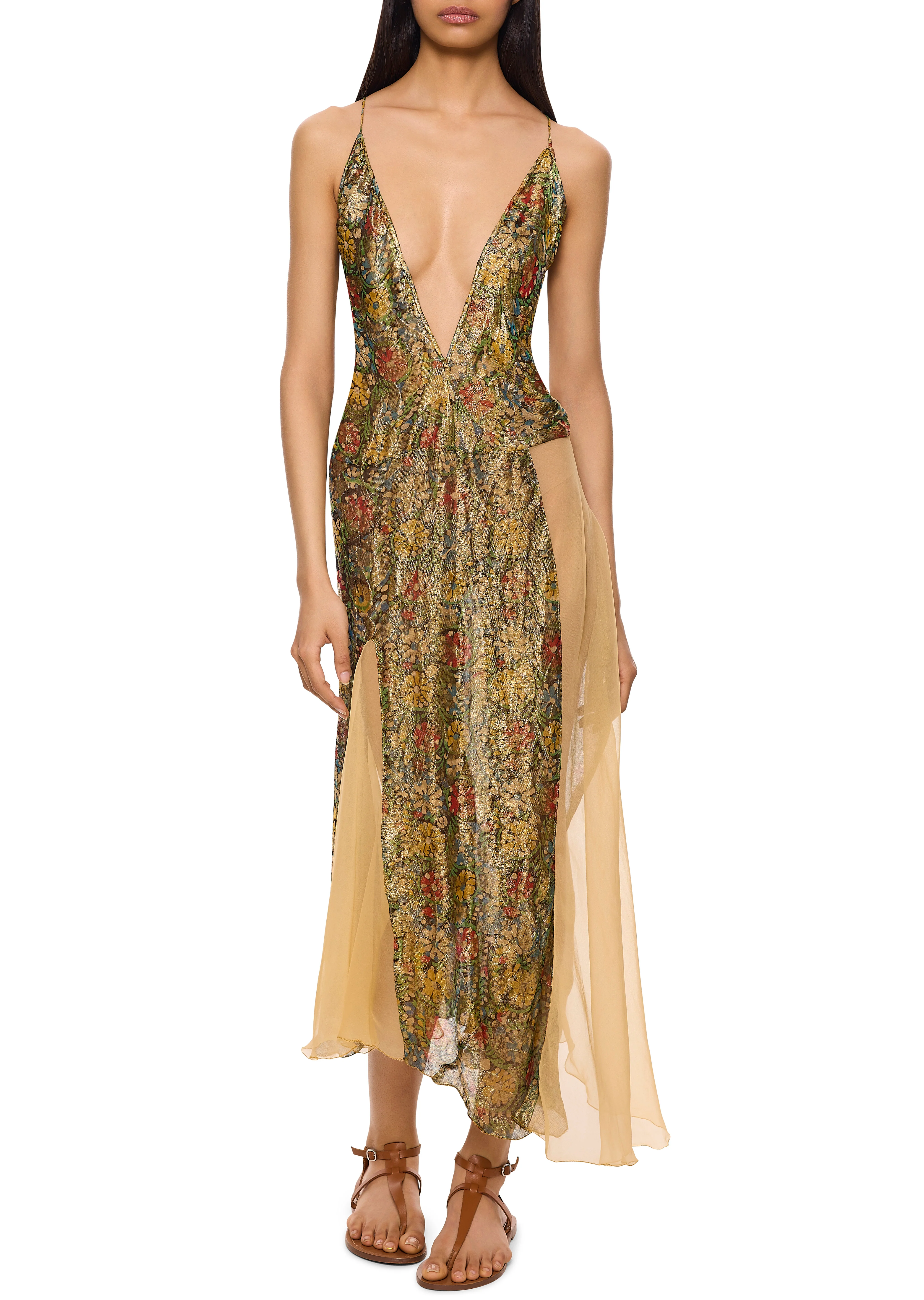 1930s Gold Floral Lame Midi Dress