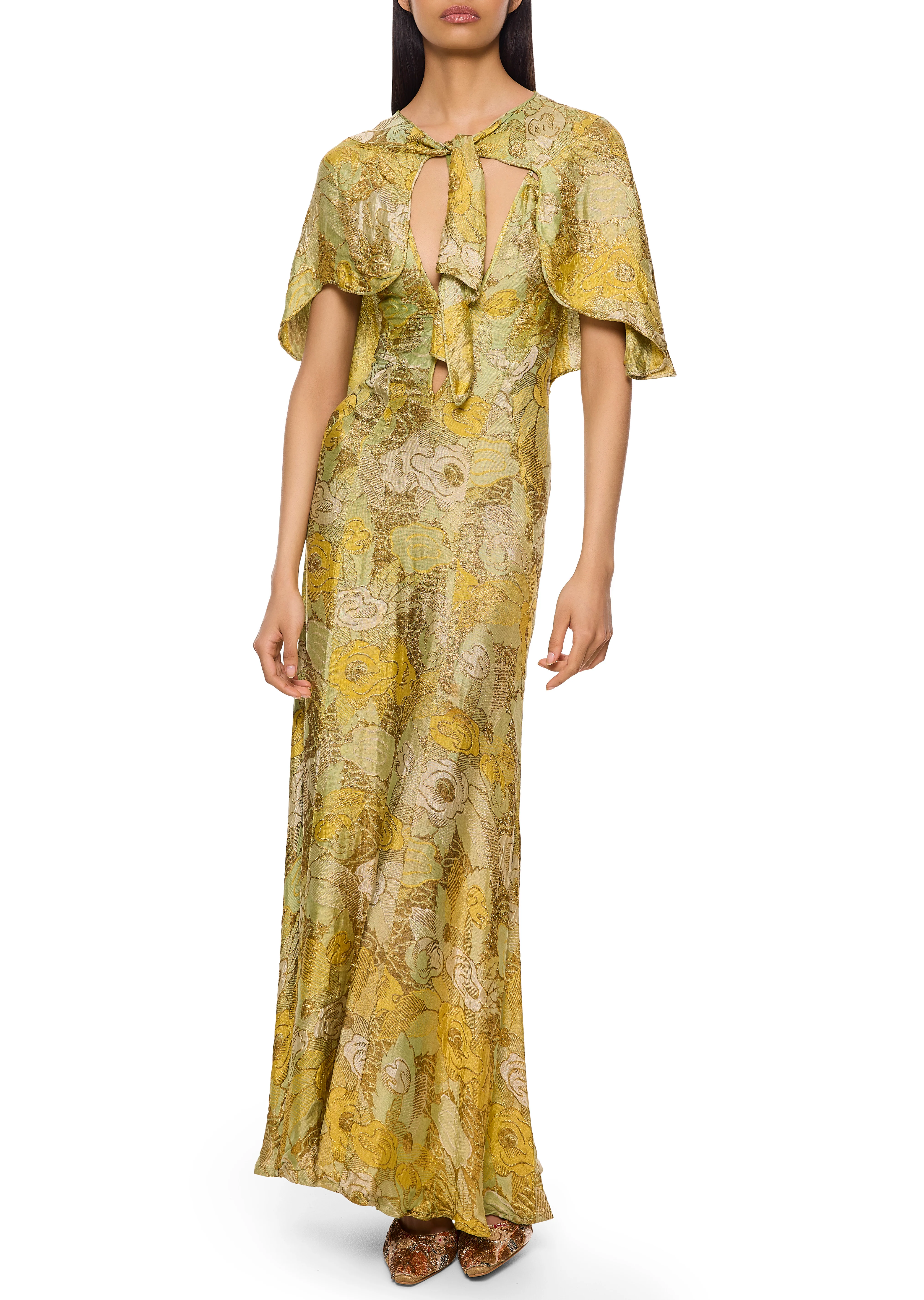 1930s Green and Gold Lamé Gown with Matching Cape