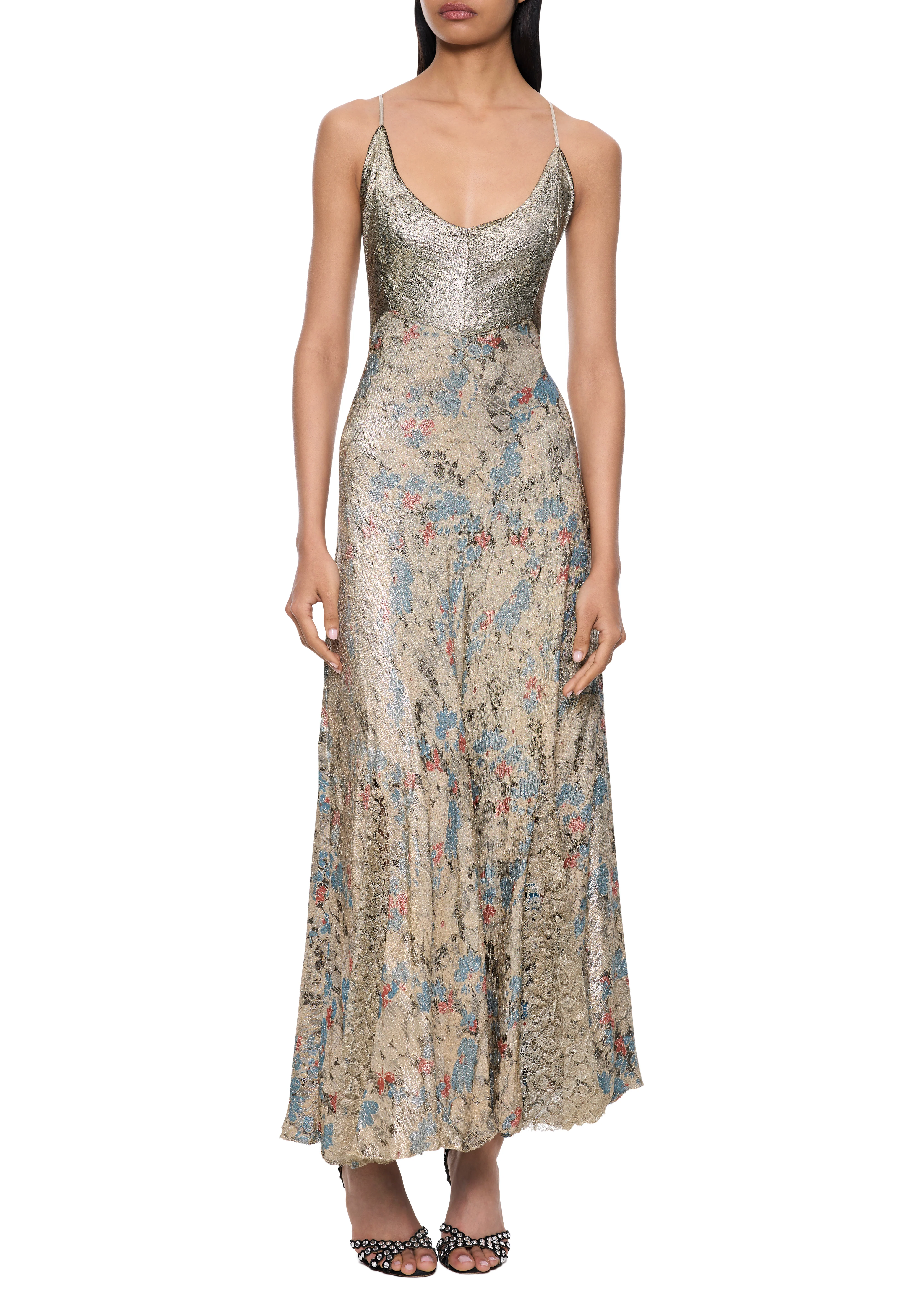 1930s Silver and Blue Floral Lamé Dress