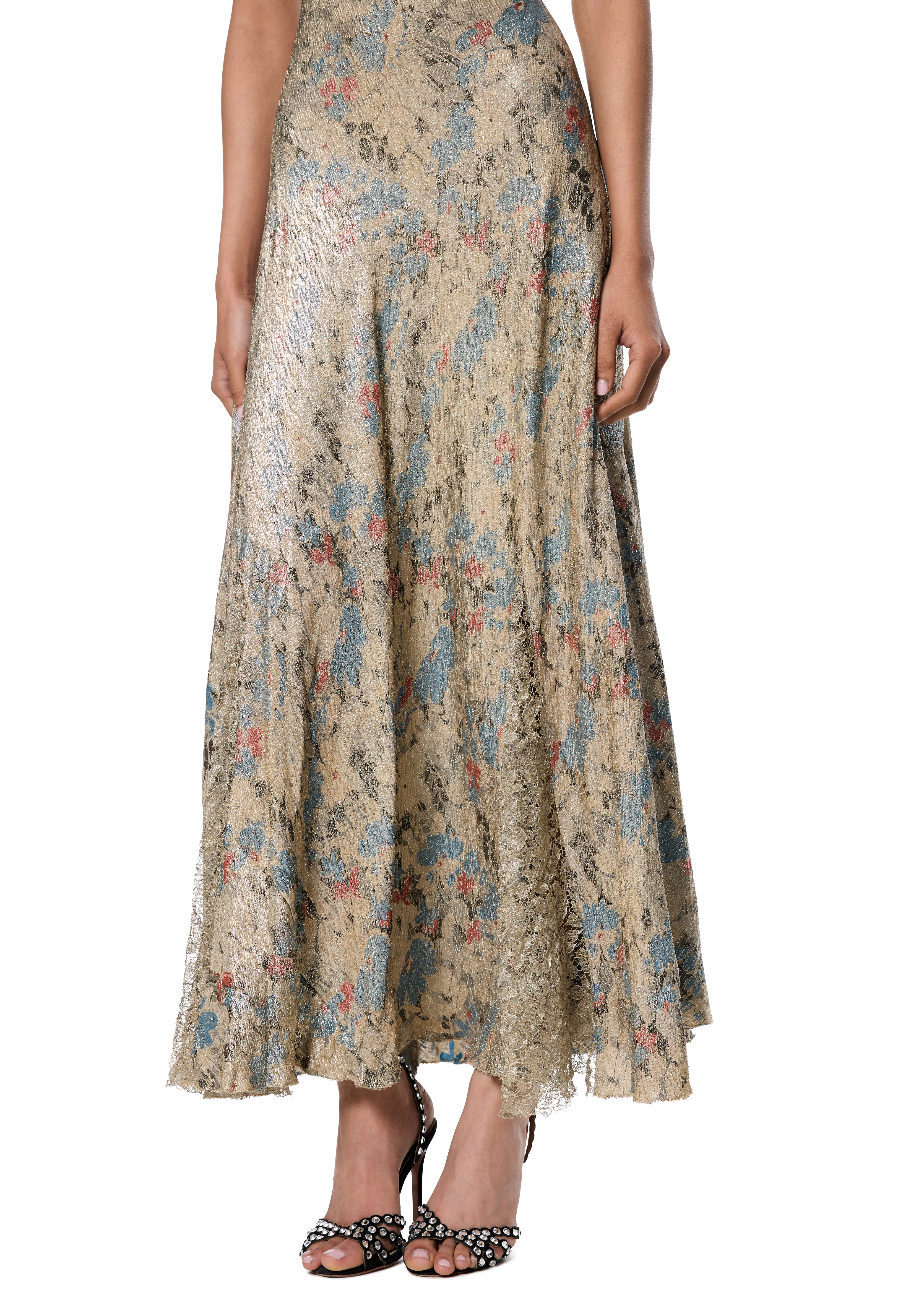1930s Silver and Blue Floral Lamé Dress - Image 2