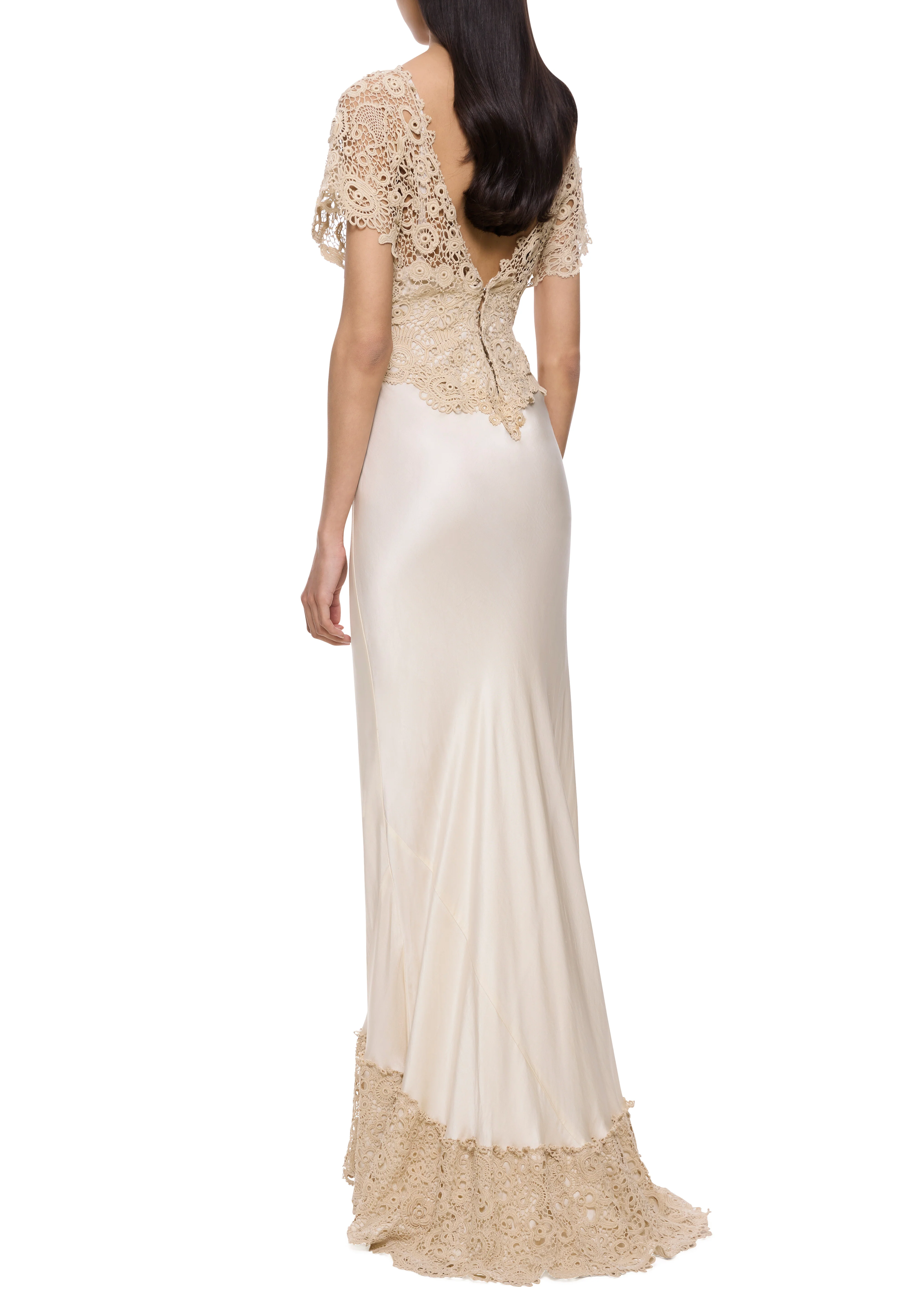 1940s Cream Silk and Crochet Gown - Image 3