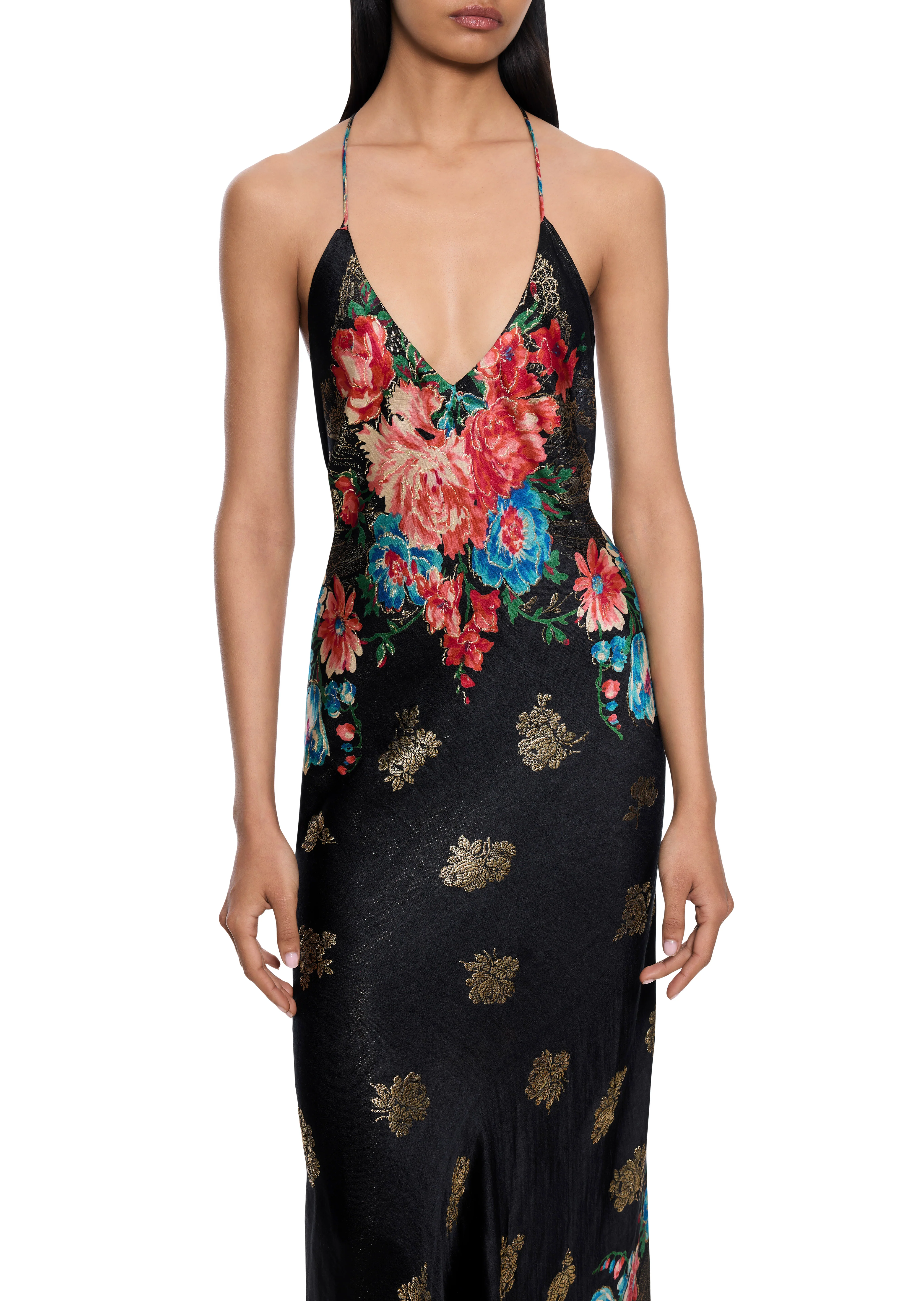 1940s Floral Lamé Dress with Gold Motifs - Image 2