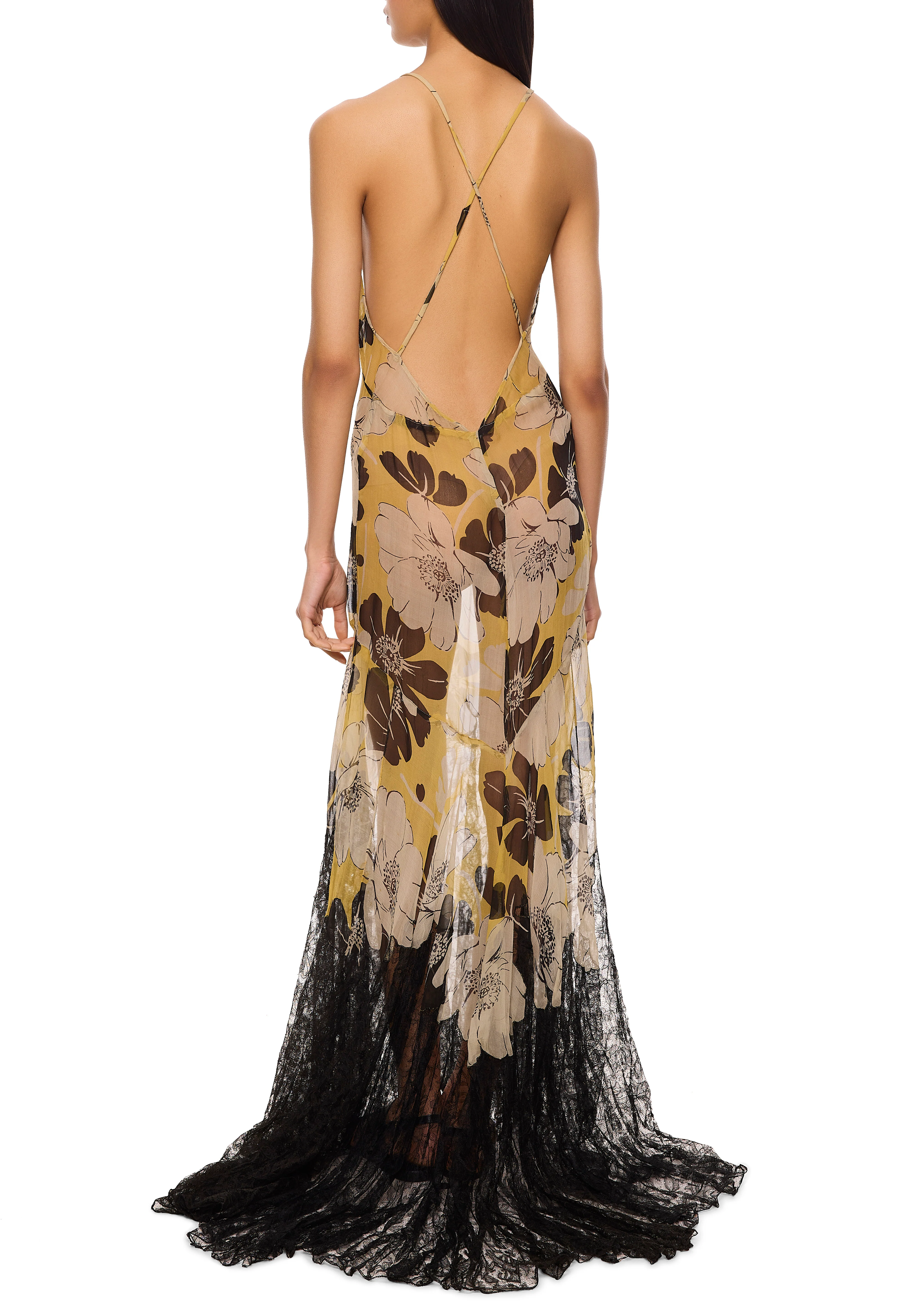 1940s Floral Print Silk Chiffon and Lace Gown - Image 3