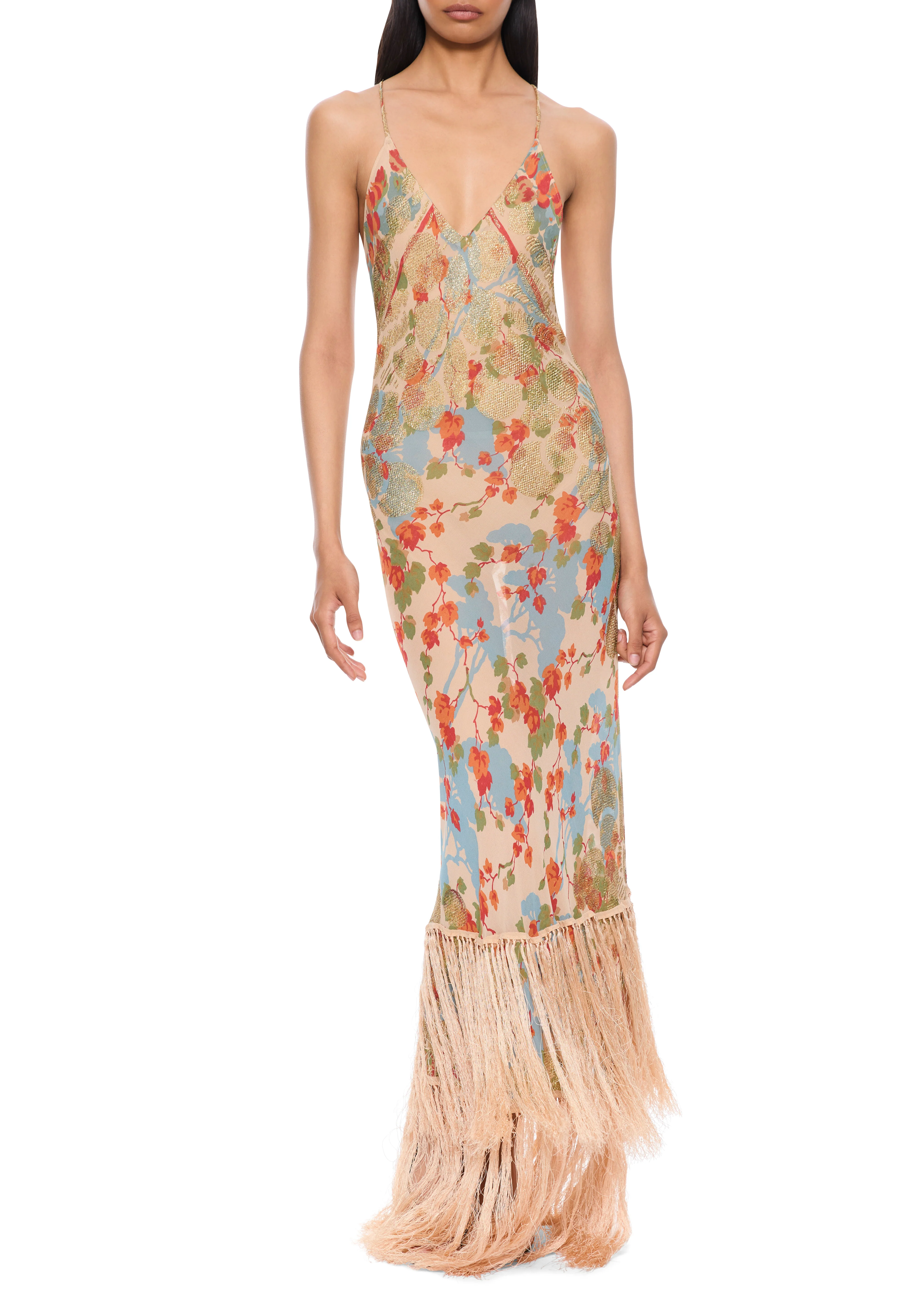1940s Ivory Floral Print Gown with Fringing