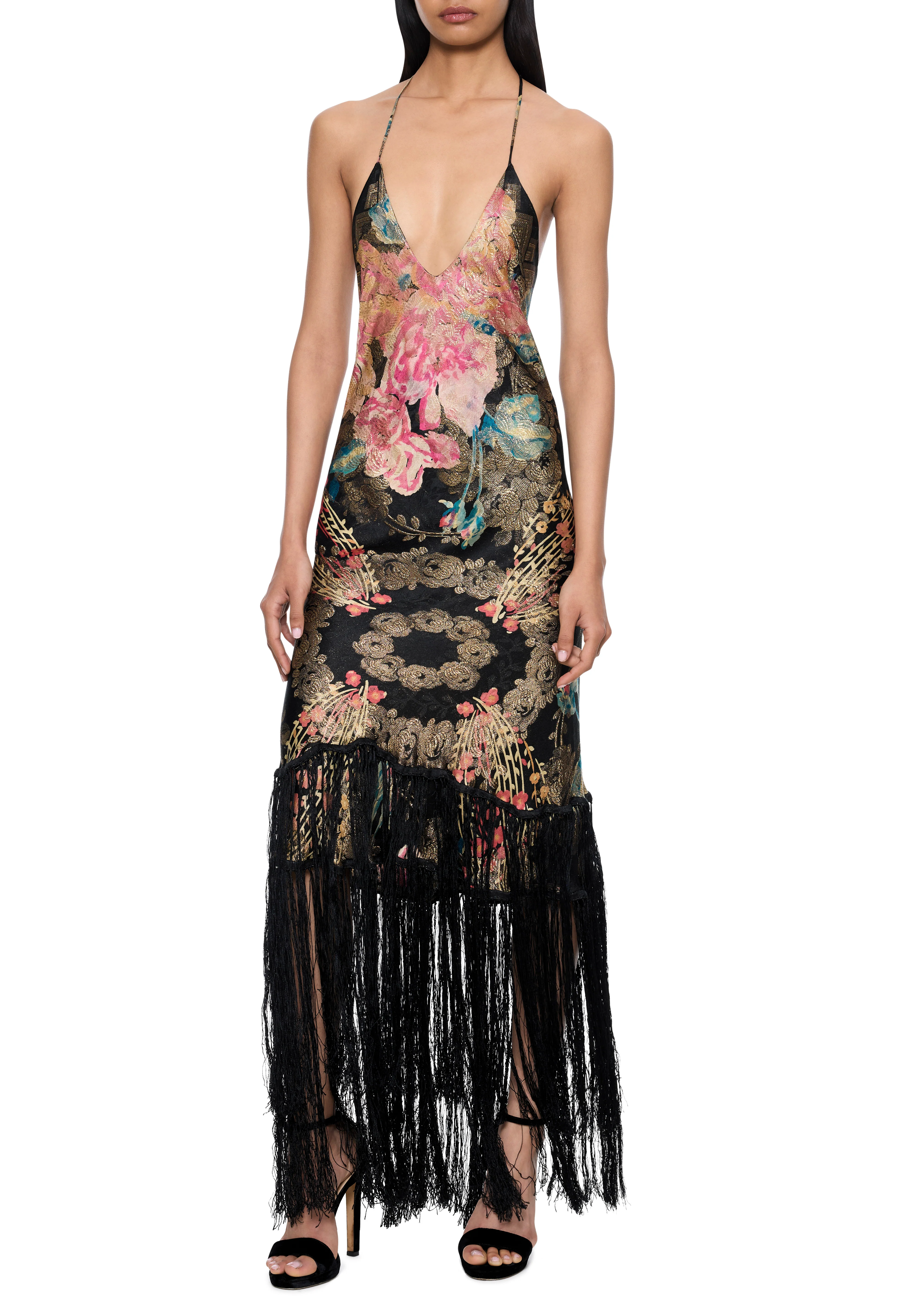 1940s Printed Lamé Gown with Tassel Fringing