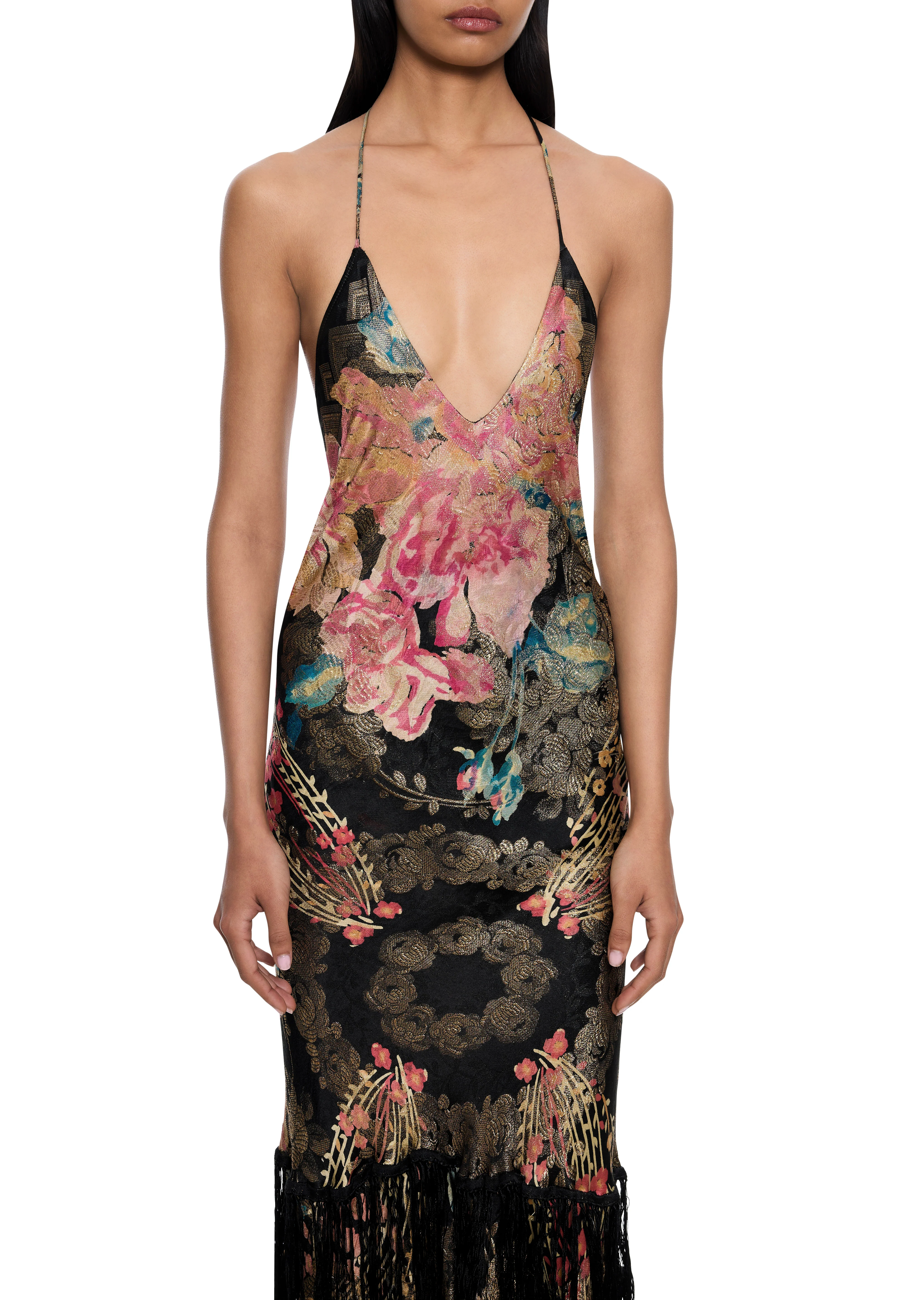 1940s Printed Lamé Gown with Tassel Fringing - Image 2