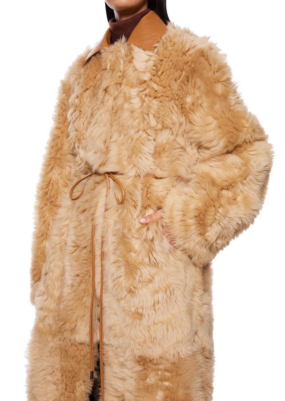 Deriha Long Shearling Coat with Removable Collar - Image 3